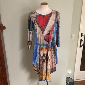 EUC Boho Abstract Print Women's Tunic Dress, Lagenlook Hearts ❤️ Artsy